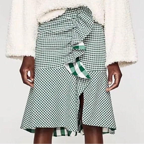 ZARA Trafaluc Green Plaid Ruffled Checkered Midi Skirt SizeXS - Picture 1 of 9